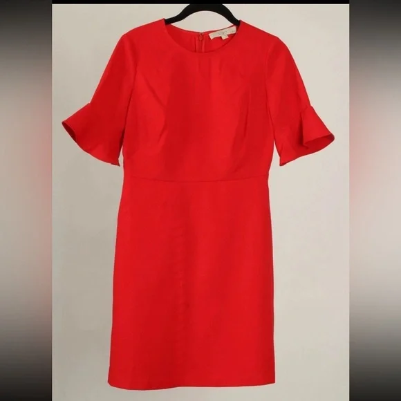 Loft Dress Womens 2P Red A Line Ruffle Half Sleeve Stretch Unlined Loft Dress Womens 2P Red A Line Ruffle Half Sleeve Stretch Unlined